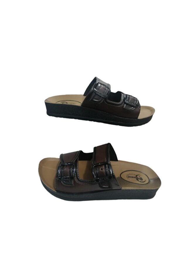 Ge072-10 Men's Brown Double Buckle Daily Walking Slippers