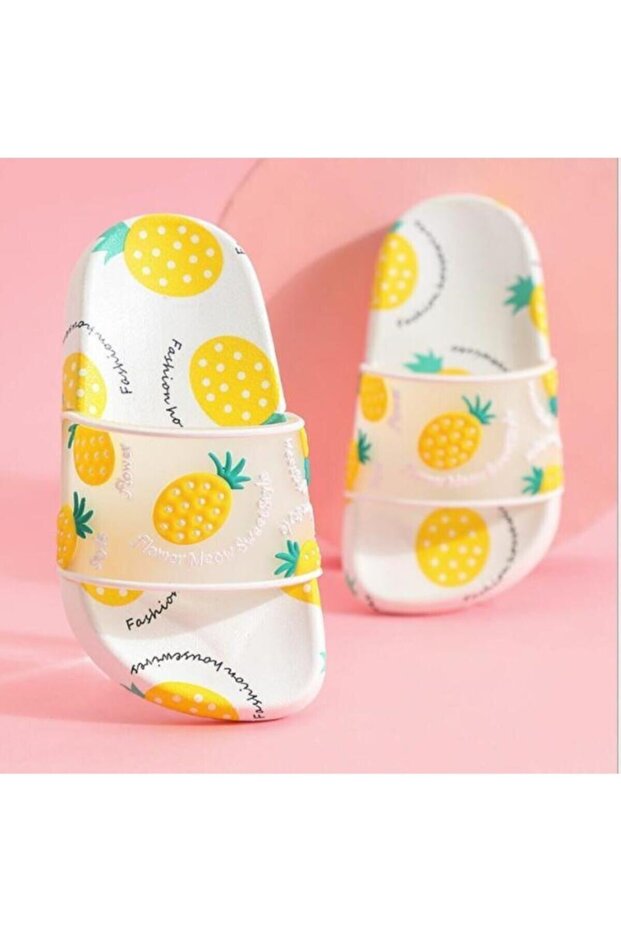 Unisex Children's White Ultra Soft Pineapple Pattern Look Pool Sea Bath and Beach Slippers Step by Step
