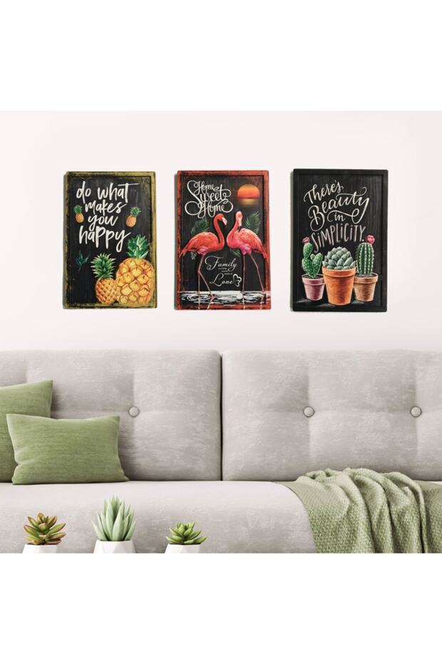 Ananas -filamingo-kaktüs 3d Ahşap Tablo 3'lü Set - 1