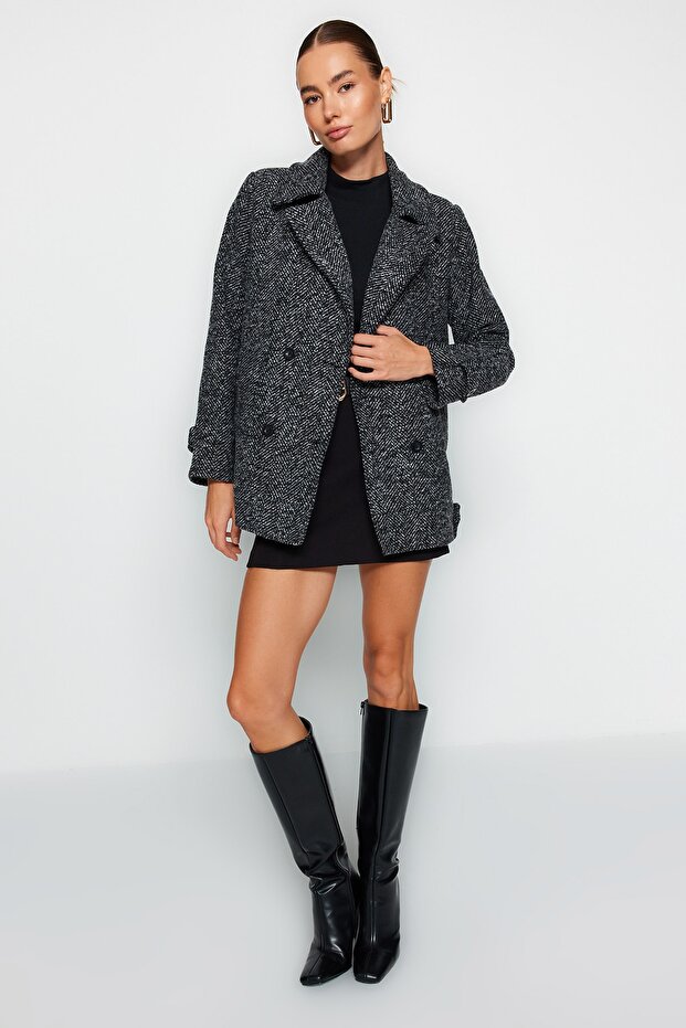 Schwarzer Oversize-Mantel aus breit geschnittenem, gekräuseltem Kaschmirwollstoff TWOAW24KB00176 - 5