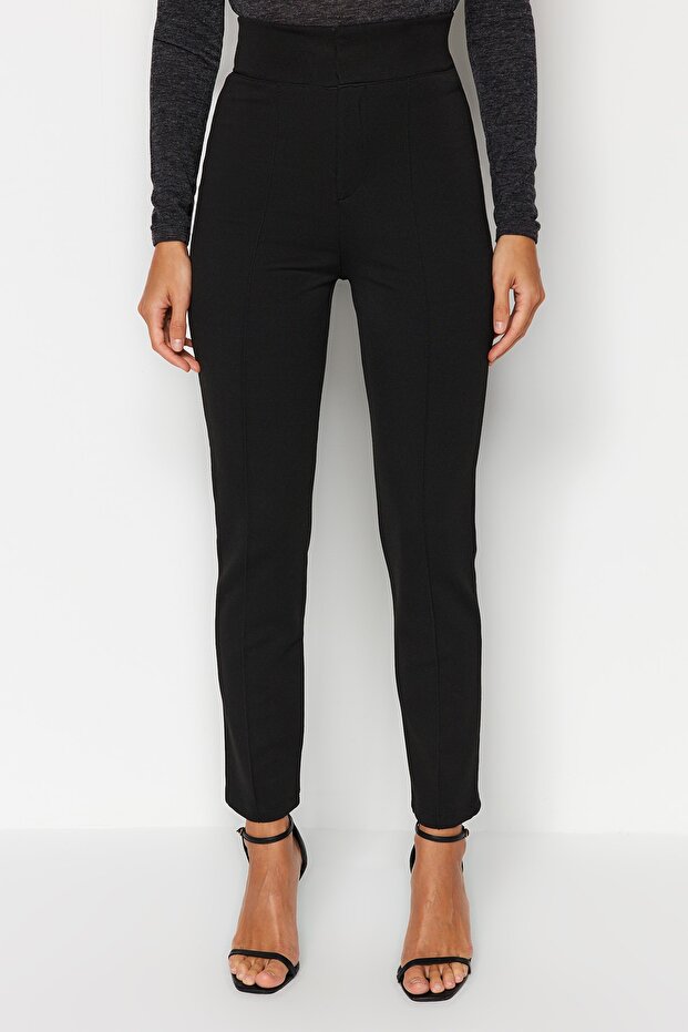 Siyah Toparlayıcı Yüksek Bel Nervürlü Beli Lastikli Slim Fit Kalın Örme Pantolon TWOAW24PL00114 - 2