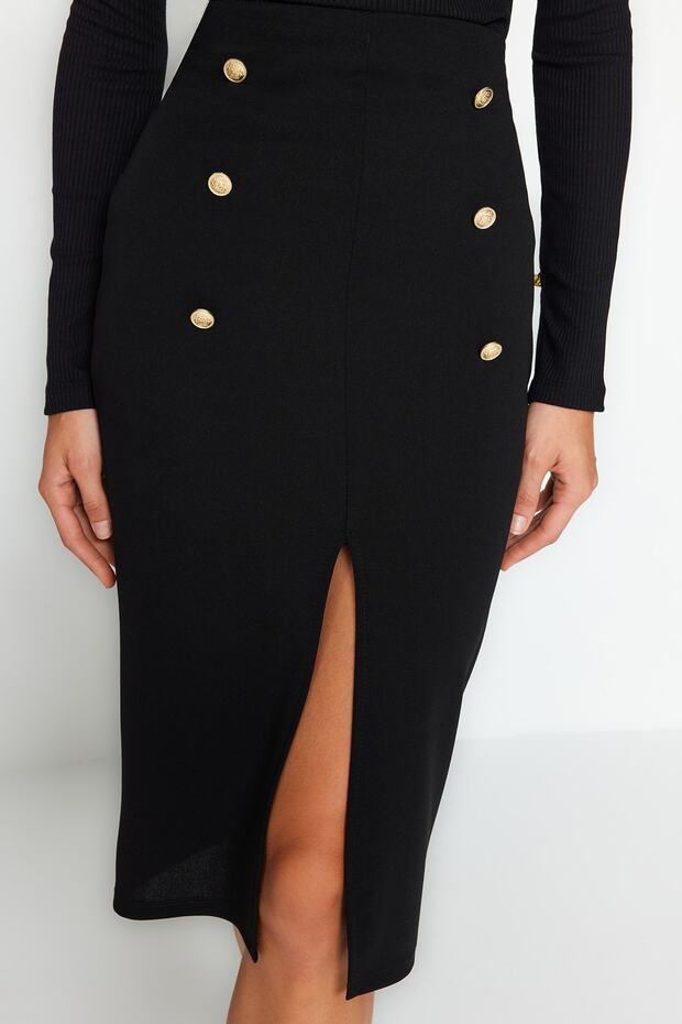 Black Smart Scuba Crepe Buttoned Midi Slit Stretchy Knitted Skirt Twoaw24Et00161 - 4