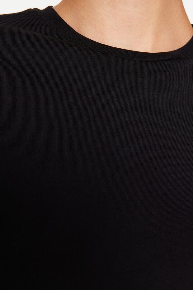 Siyah İspanyol Kol Bisiklet Yaka Regular/Normal Kalıp Örme T-Shirt TWOAW24TS00008 - 5