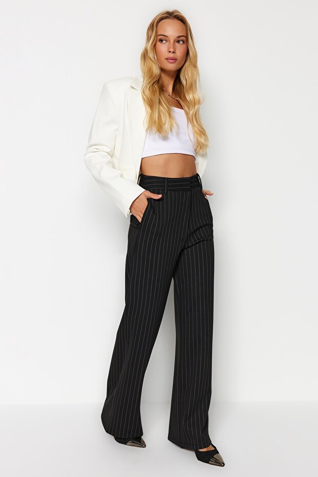 Siyah Çizgili Straight Fit Yüksek Bel Örme Pantolon TWOAW24PL00222 - 3