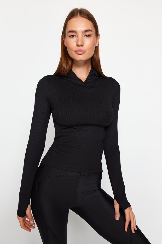 Siyah Fitilli Başparmak ve Sırtı Pencere/Cut Out Detaylı Örme Spor Üst/Bluz THMAW24BZ00004 - 3