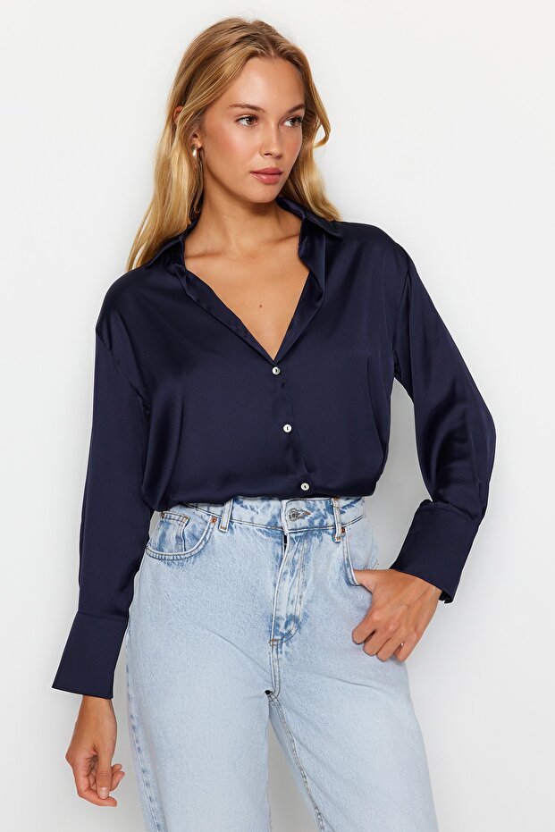 Lacivert Oversize/Geniş Kalıp Saten Dokuma Gömlek TWOAW24GO00211 - 4