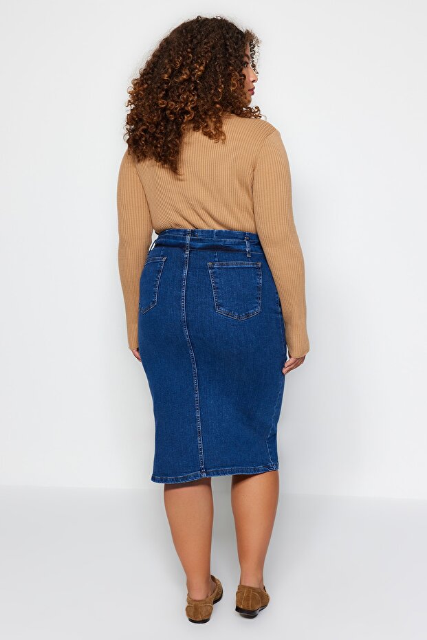 Açık Mavi Kuşaklı Yüksek Bel Yırtmaçlı Denim Etek TBBSS23AZ00017 - 11
