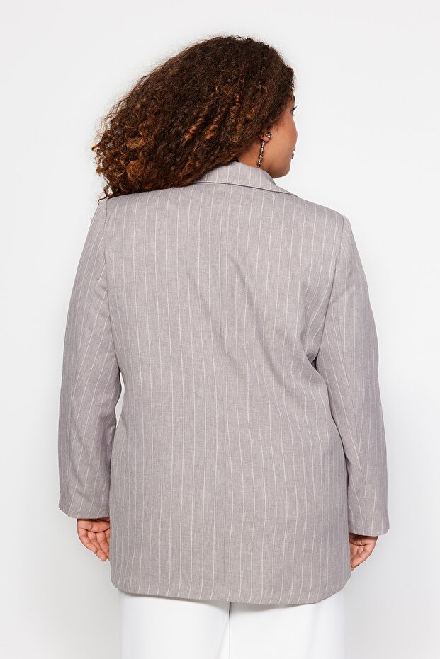 Plus Size Gray Striped Double Breasted Jacket - Double Coverage and Lining TBBAW24AG00001 - 5