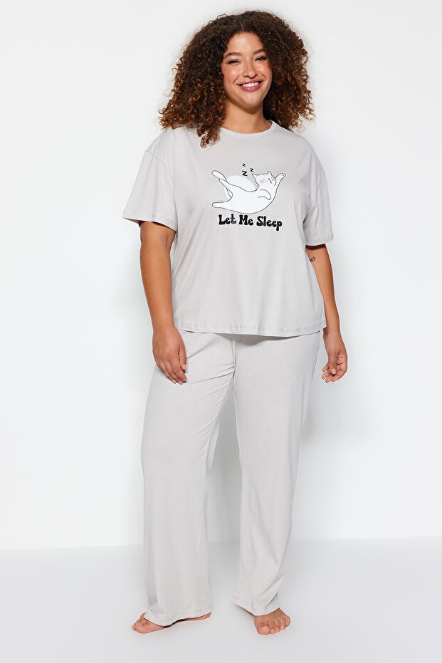 Açık Gri Baskılı Örme Pijama Takımı TBBAW24AI00003 - 1