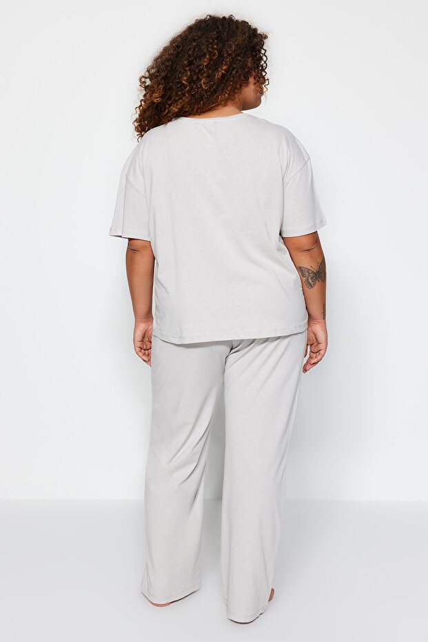 Açık Gri Baskılı Örme Pijama Takımı TBBAW24AI00003 - 5
