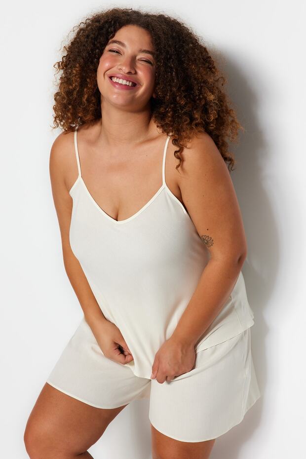 Ecru pántos viszkóz szőtt pizsama szett TBBSS23AI00021 - 2