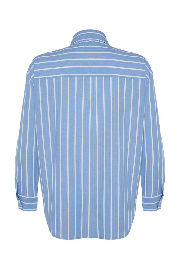 Mavi Çizgili Cepli Oversize/Geniş Kalıp Dokuma Gömlek TWOAW24GO00033 - 9