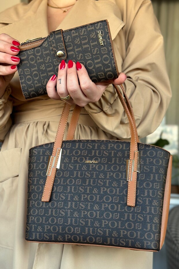 Women's Printed Patterned Shoulder Bag and Wallet Set 2066-Jp Brown Tan Combination -Gzd-