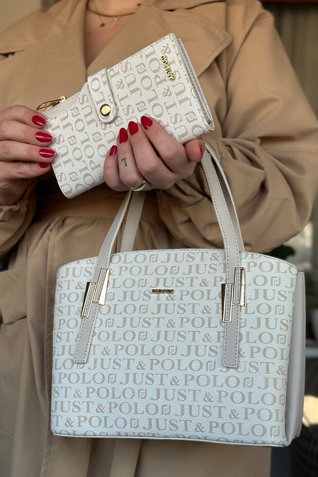 Women's Printed Patterned Shoulder Bag and Wallet Set 2066-Jp Cream Combination -Gzd-