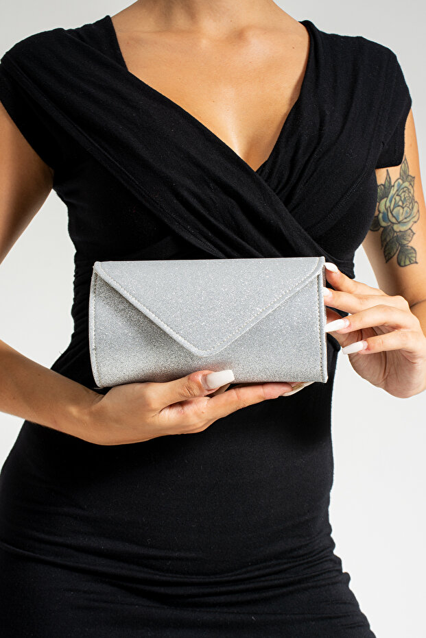 Women's Silvery Silver Mini Portfolio Evening Dress Bag