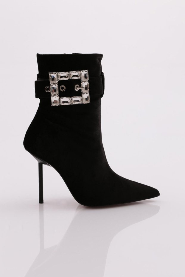 Women's Side Buckle Heeled Boots Black Velvet 91133557
