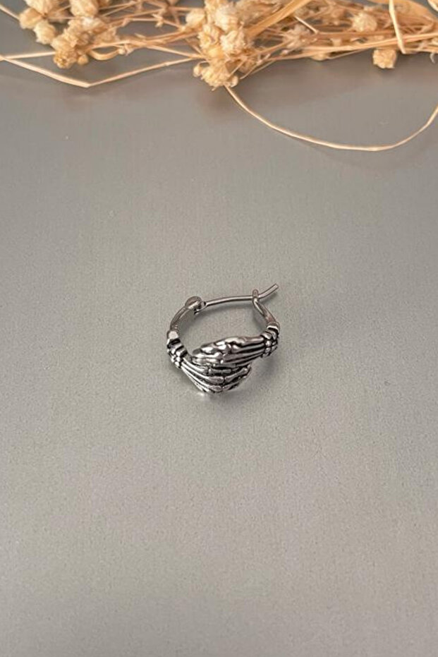 Unisex Silver Skeleton Hand Figure Gothic Steel Hoop Earrings