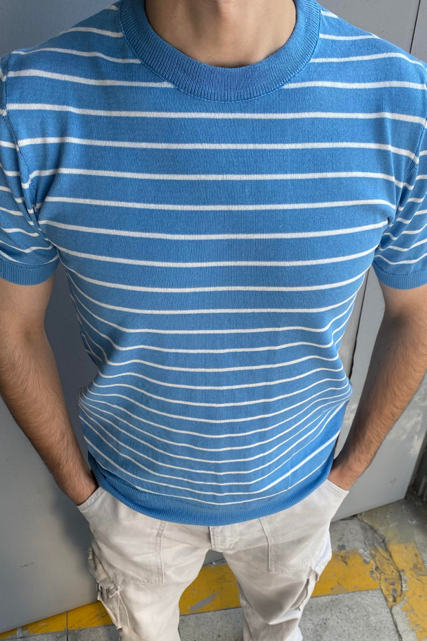 Men's Blue Short Sleeve Corded Acrylic-Cotton Blend Knitwear T-Shirt