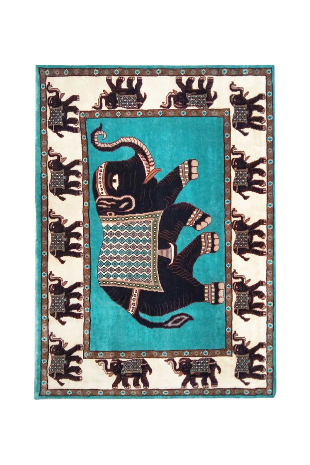 Ethnic Turquoise Elephant Patterned Woven Base Decorative Carpet 1456
