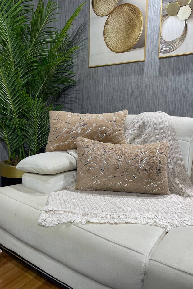 Silver Leaf Plush Rabbit Rectangular Throw Pillow Cover - Milk Coffee