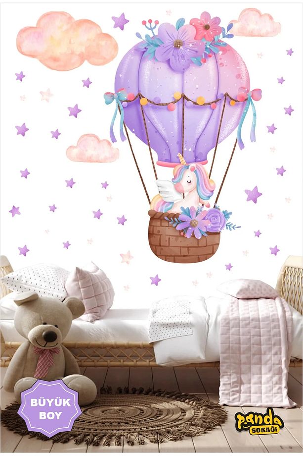 Uçan Balon Unicorn Kreş Anasıfı,Çocuk Odası Sticker Seti - 1