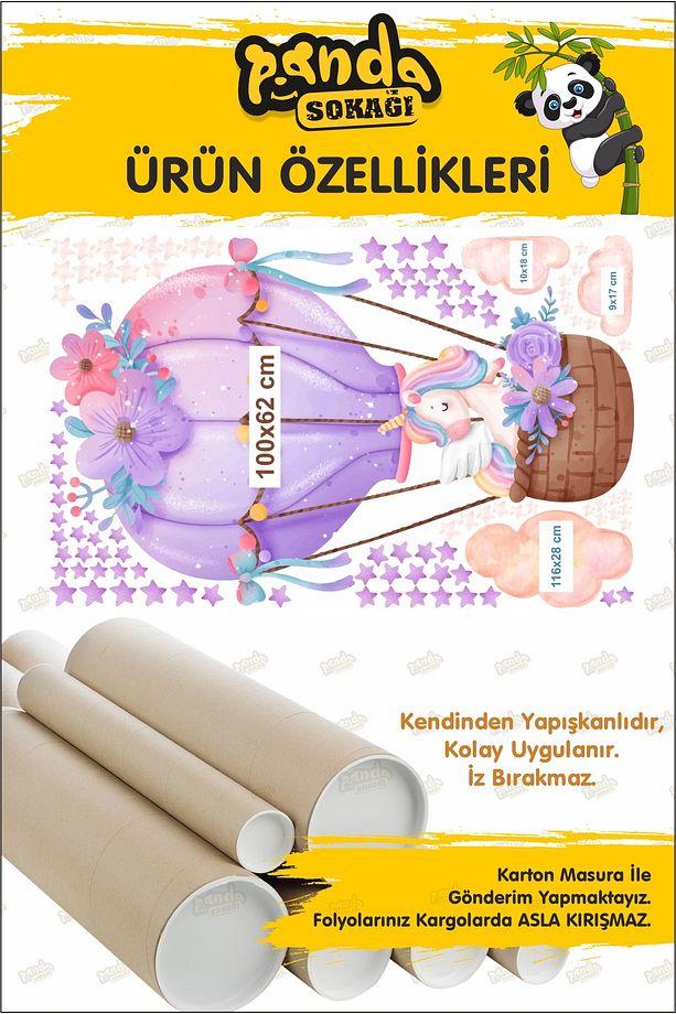 Uçan Balon Unicorn Kreş Anasıfı,Çocuk Odası Sticker Seti - 4