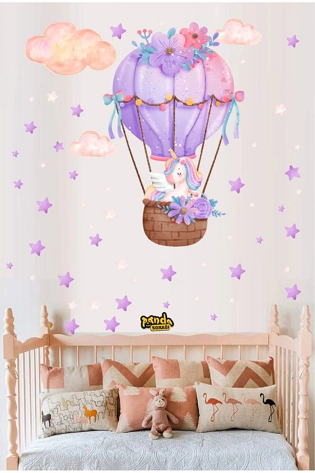 Uçan Balon Unicorn Kreş Anasıfı,Çocuk Odası Sticker Seti - 2