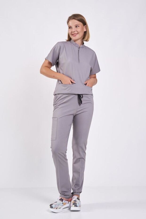 Lycra Smoke Gray Zipper Detailed Scrubs
