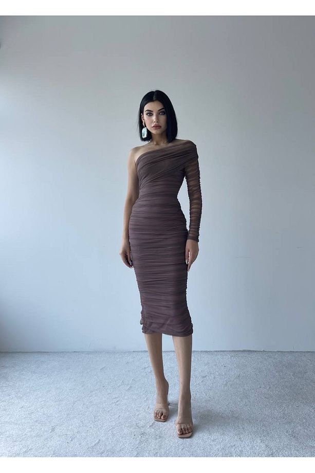 Tek Kol Drape Tül Siyah Elbise - 1