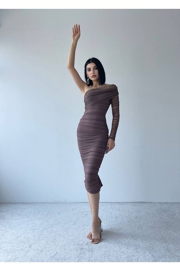 Tek Kol Drape Tül Siyah Elbise - 7