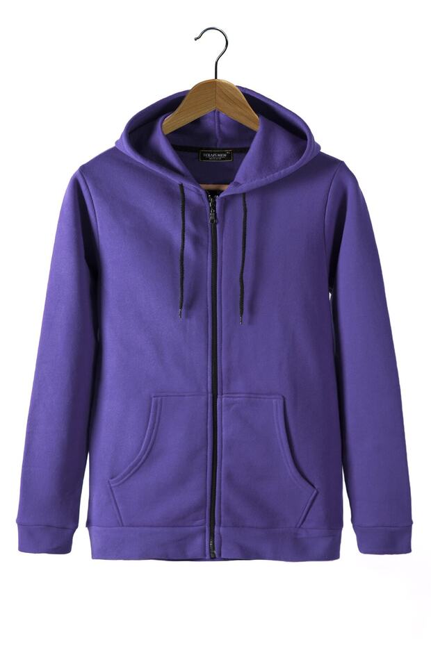 Ünisex Basic Slim Fit Kapüşonlu Fermuarlı Cepli Sweatshirt Mor Mor - 1