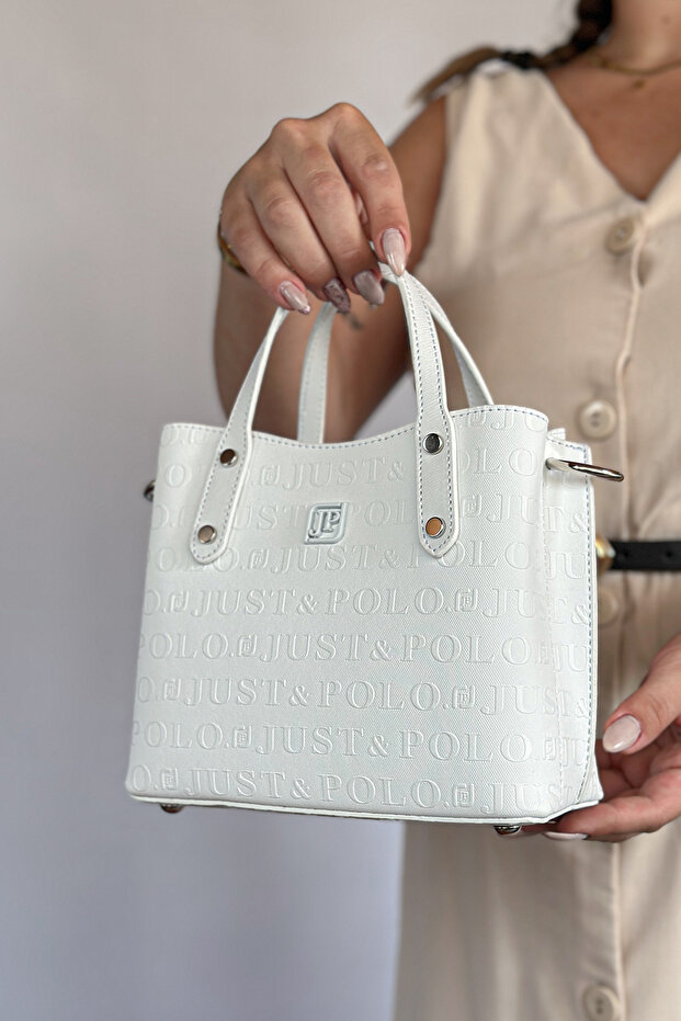 Embossing Printing Premium Quality 4 Compartment Women's Hand and Shoulder Bag 24x24cm 4095 white