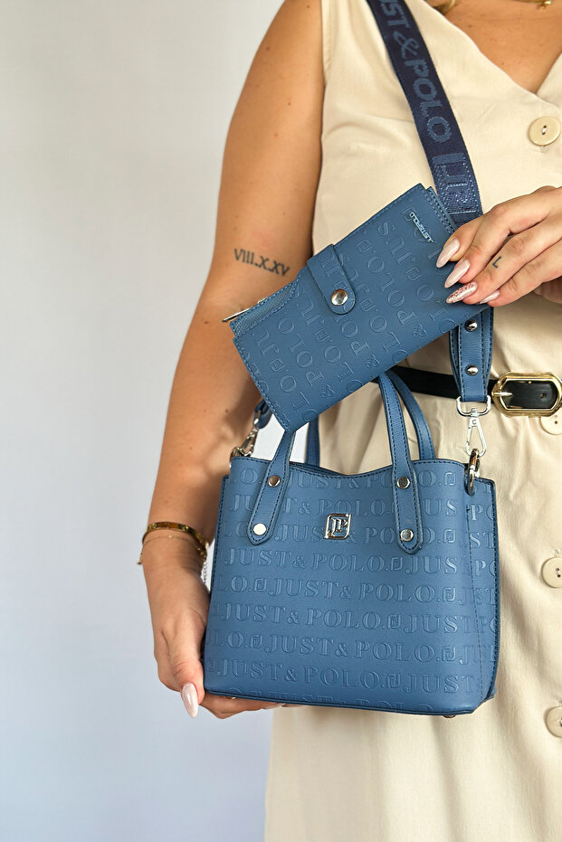 Premium Embossed Printed 4 Compartment Women's Hand and Shoulder Bag - 24X24Cm 4095 Navy Combination
