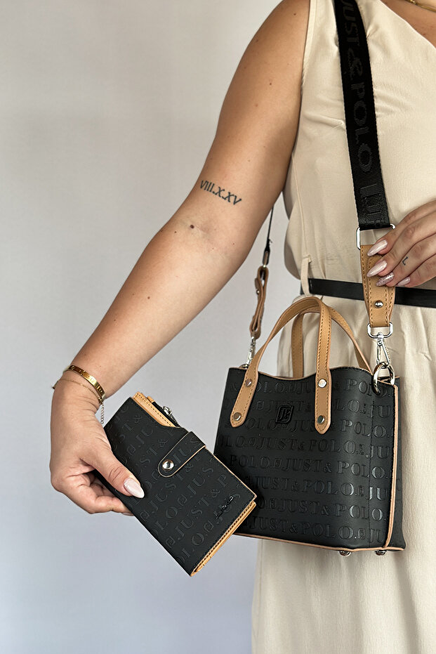 Embossing Printing Premium Quality 4 Compartment Women's Hand and Shoulder Bag 24x24cm 4095 black and tone combination
