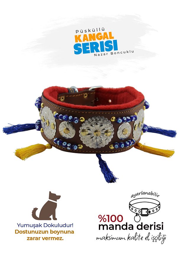 Püsküllü Deri Boyun Tasması, Sivas Kangalı, Malaklı, Çoban Köpeği, Akbaş, Kangal Köpek Tasması - 1