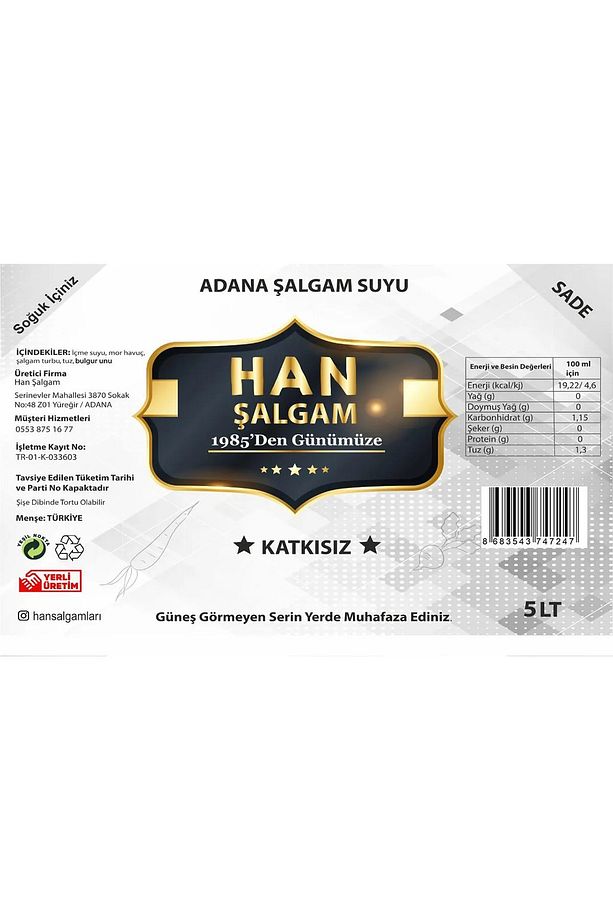 Şalgam Katkısız Adana Şalgamı Acısız Sade 5 Lt (2 Adet) - 5
