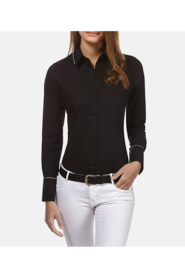black stylish collar cuff detailed cotton satin shirt