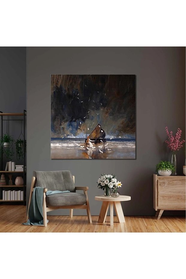 Woman in White Dress Playing Piano on Beach Oil Effect Landscape Canvas Painting Art00157