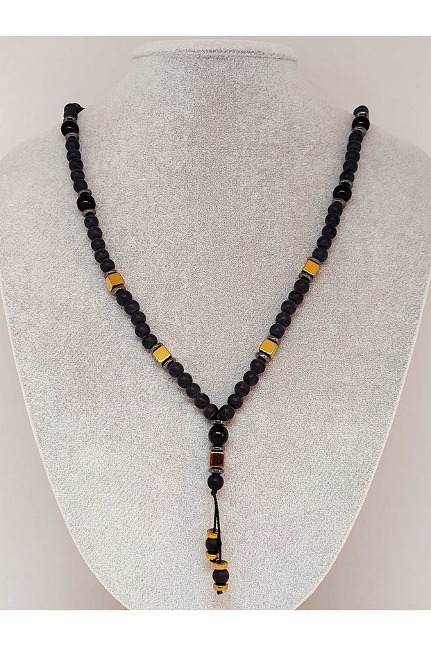 Onyx & Gold Colored Cube Hematite Stone Design Men's Necklace