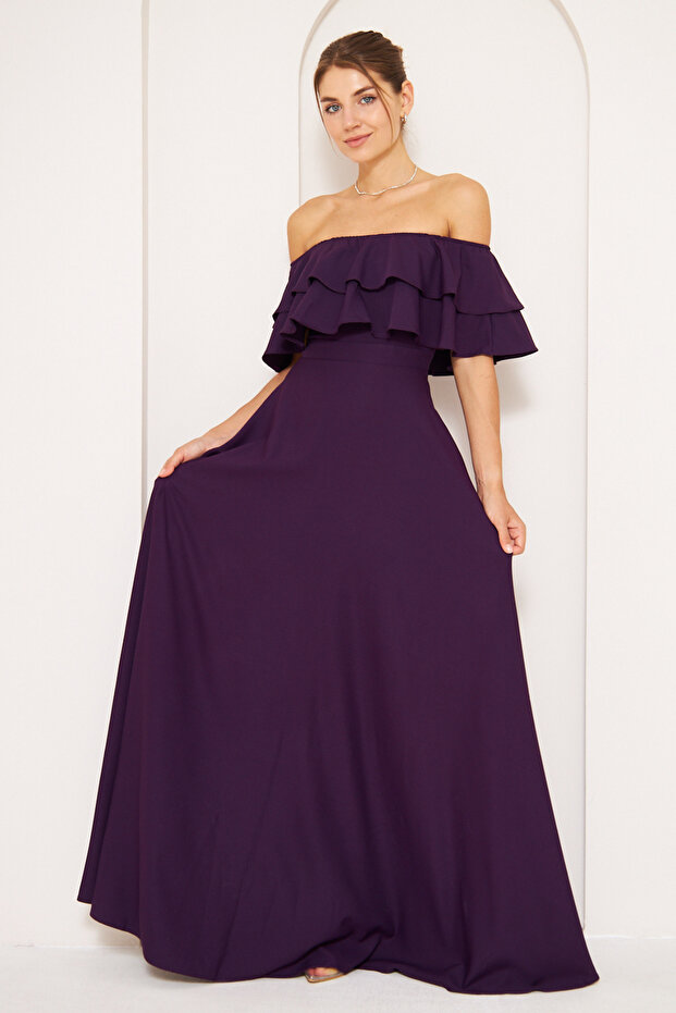 Plum Ruffle Collar Detail Off-the-Shoulder Draped Woven Fabric Maxi Length Flared Evening Dress