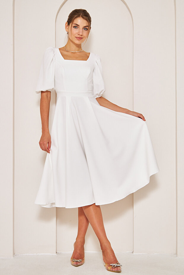 White Midi Length Balloon Sleeve Square Neck Short Elastic Sleeve Woven Flowing Fabric Dress