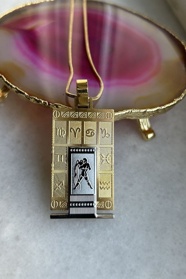 316L REAL STEEL GOLD YELLOW ZODIAC HOROSCOPE NECKLACE WOMEN MEN'S TABLET MEDALION NECKLACE UNTARKEN
