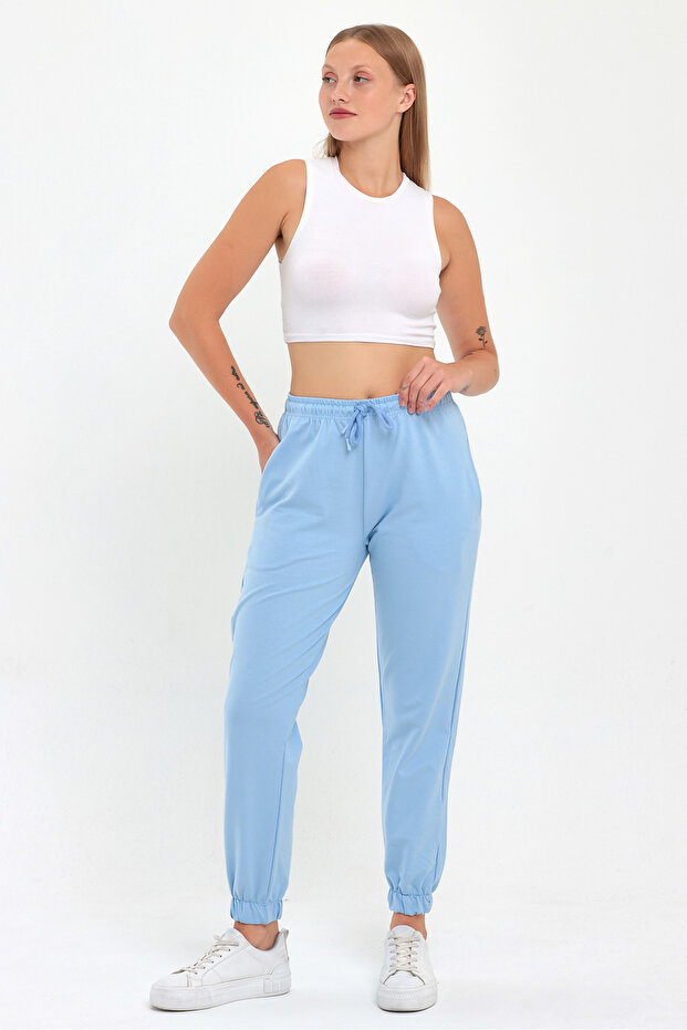 Kadın Açık Mavi Paçası Lastikli Basic Jogger Örme Eşofman Altı - 1