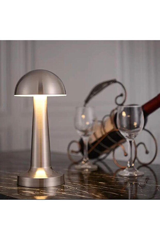 Şarjlı Dokunmatik Led Masa Lambası, Ayarlanabilir Renk Tonu, Okuma Işığı Mantar Gece Lambası KROM - 1