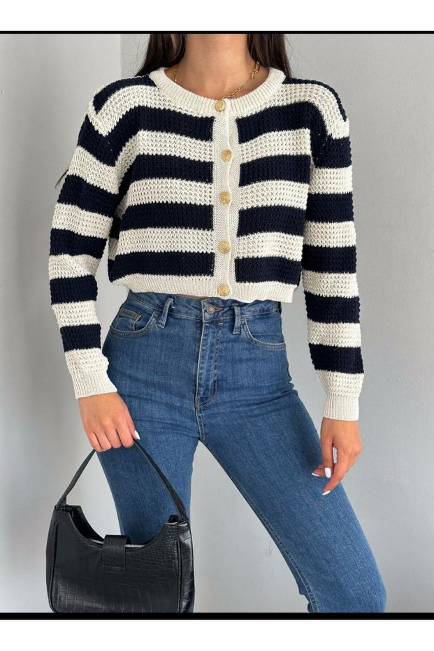 Women's Black Striped Crew Neck Ribbed Gold Button Detailed Knitwear Cardigan