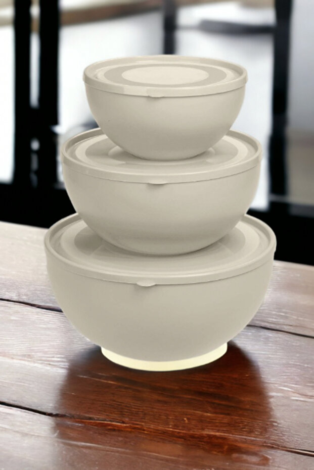 Kapaklı Yuvarlak Kase 3'lü Set Krem Renk (0,6l + 2,5l + 4l) - 4
