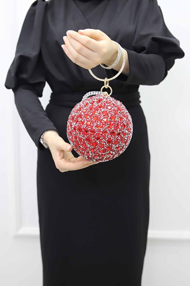 Round Crystal Stone Burgundy Evening Dress Evening Bag