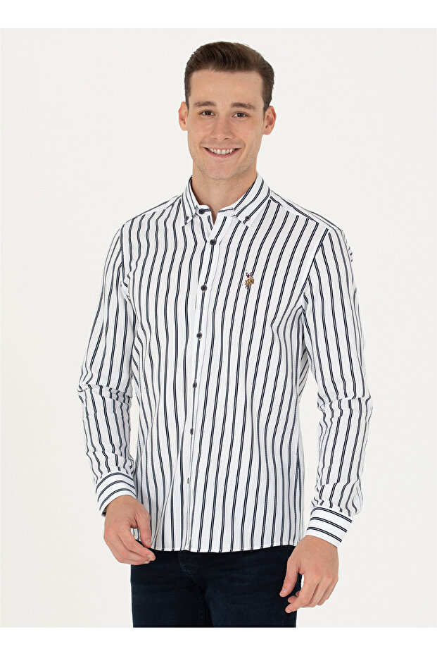 BASE. Polo Assn. Slim Fit Button Collar Navy Blue Men's Shirt SEBASTIAN023K