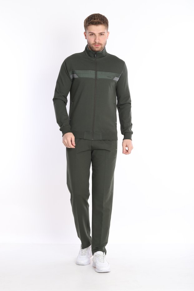 Men's Khaki Casual Zippered Chest Embroidered Bottom Top Tracksuit Set