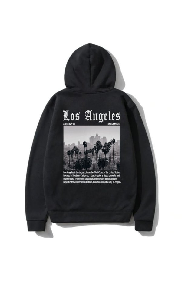 Unisex Black Hooded Sweatshirt Los Algeles Printed